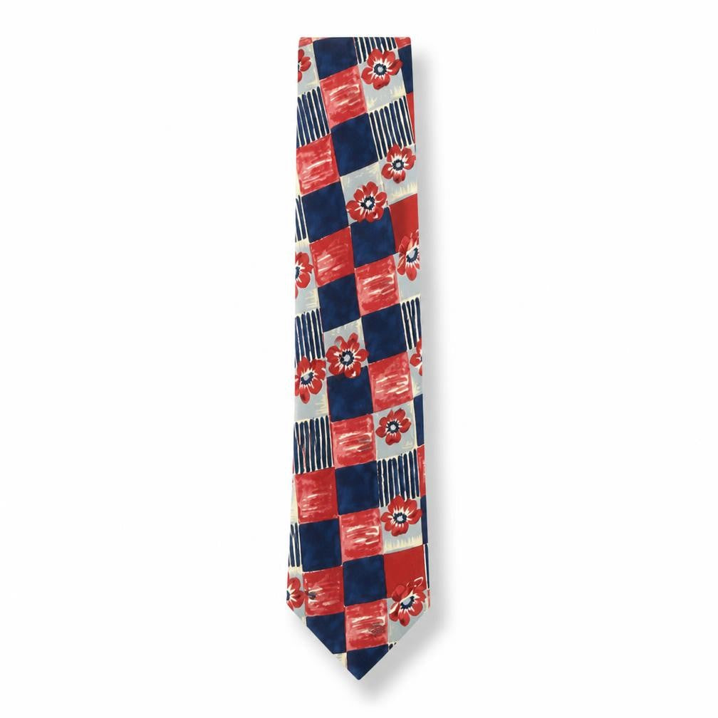 Front view of Marks & Spencer Men's Silk Tie Plaid Floral Red Blue