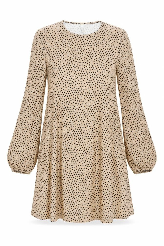 Front view of Stradivarius Women's Beige Polka Dot Long Sleeve Dress S