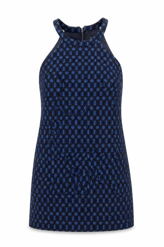 Front view of Next Women's Blue Geometric Sheath Dress, size 12