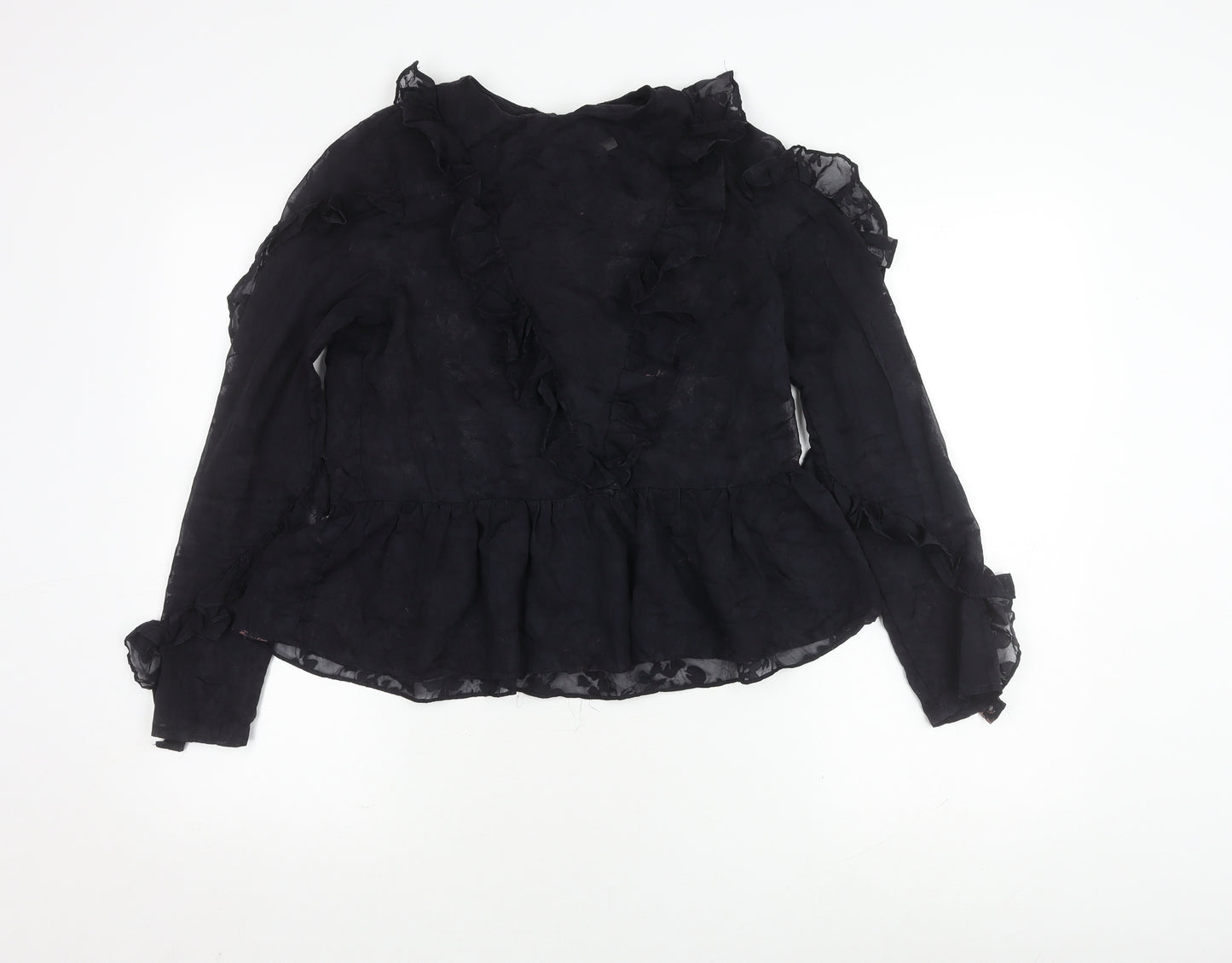H&M Women's Black Ruffle Sheer Blouse Size 8
