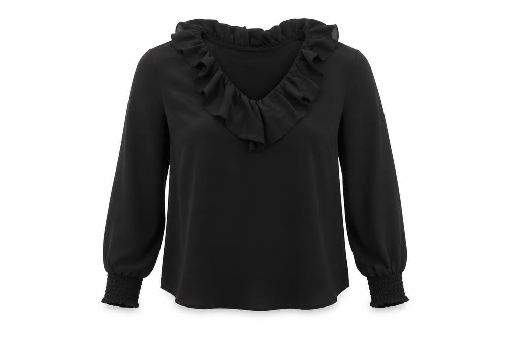 Front view of Wallis Women's Black Ruffle Blouse, size 14