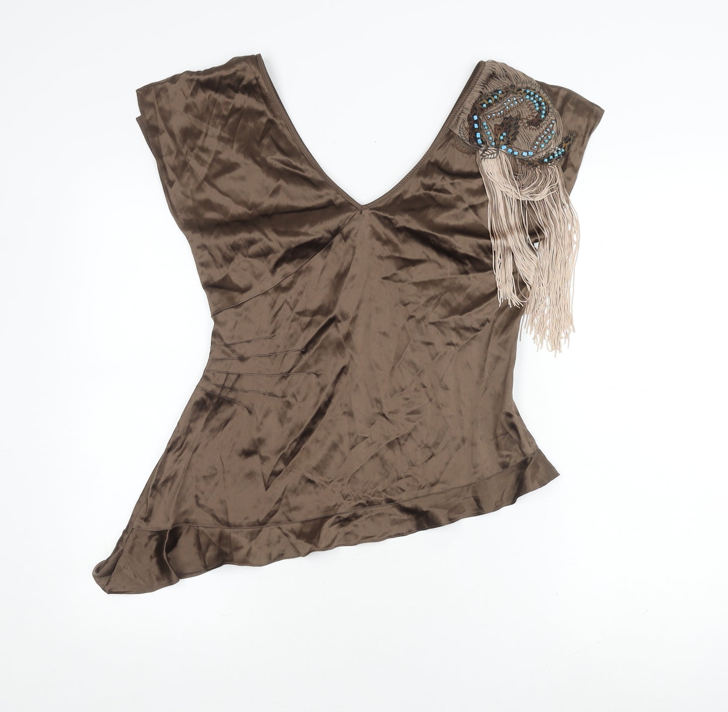 Karen Millen Women's Brown Beaded V-Neck Top, Size 12