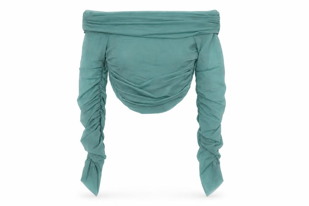 Front view of Zara Women’s Green Silk Off the Shoulder Blouse