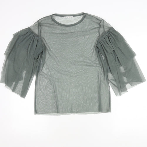 Zara Trafaluc Women's Green Mesh Top with Flared Sleeves S