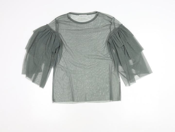 Zara Trafaluc Women's Green Mesh Top with Flared Sleeves S