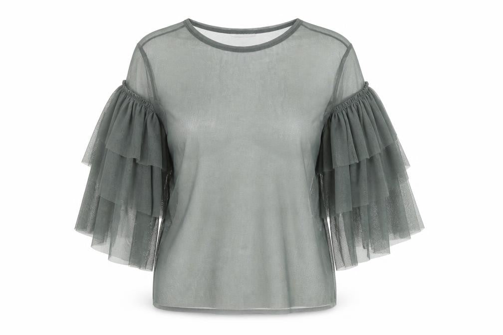 Front view of Zara Trafaluc Women's Green Mesh Top with Flared Sleeves S