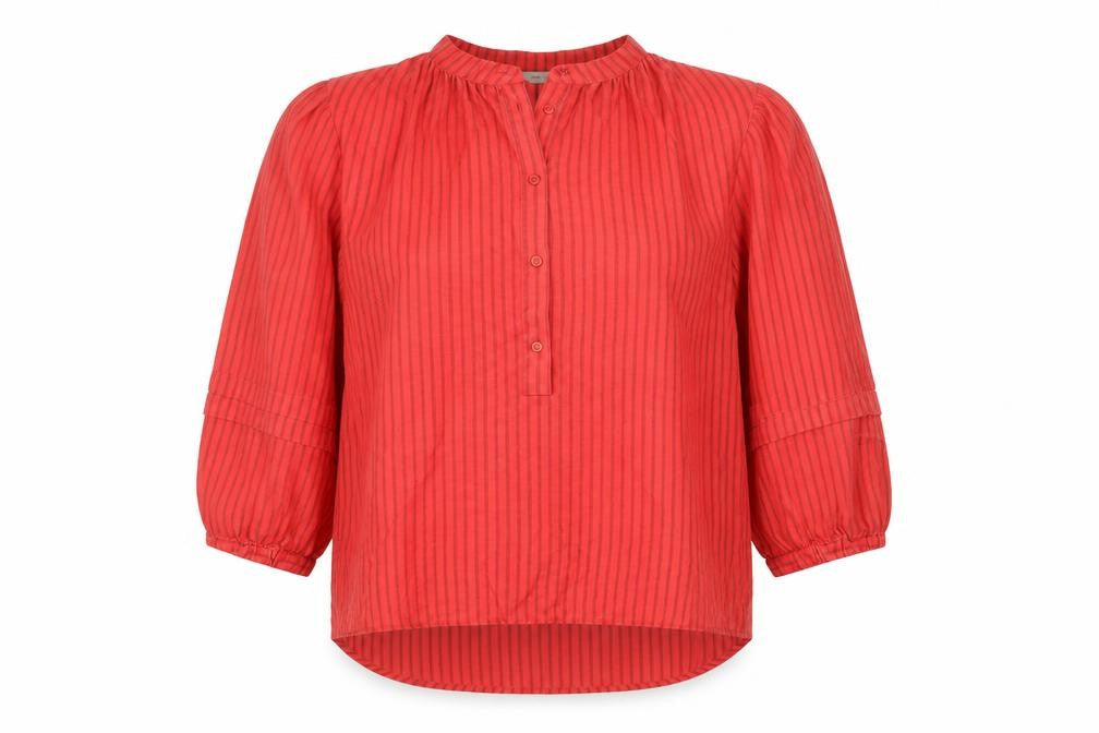 Front view of Costa Mani Women's Red Striped Blouse, size S, Casual