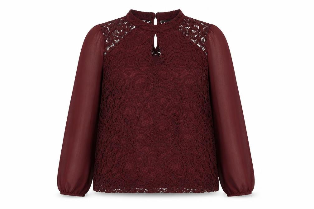 Front view of Dorothy Perkins Women's Red Lace Blouse, size 14