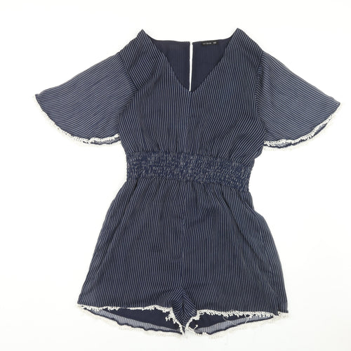 Cotton On Women's Blue Striped Romper M Flutter Sleeve