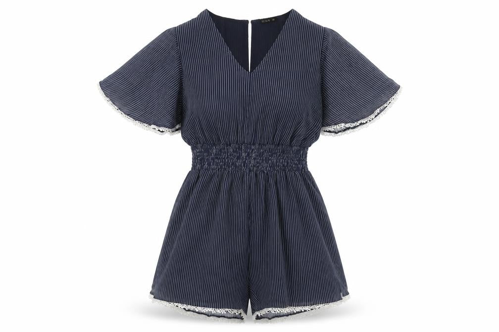 Front view of Cotton On Women's Blue Striped Romper M Flutter Sleeve