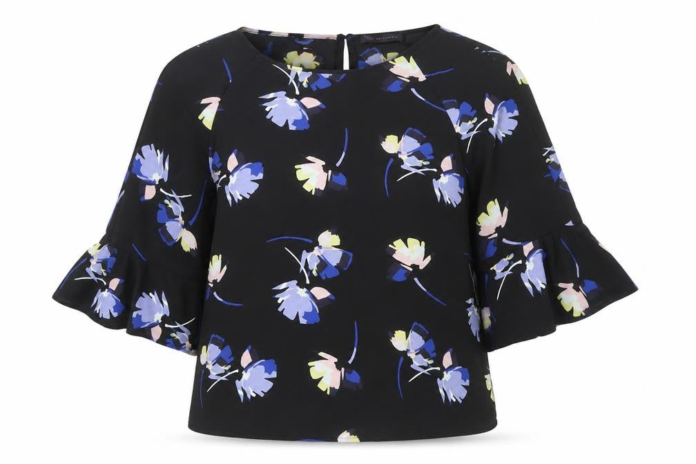 Front view of Marks & Spencer Women's Black Floral Kimono Blouse, size 14