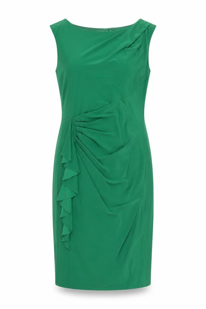 Front view of Planet Women's Green Sheath Dress, size 16, Ruffled Accent