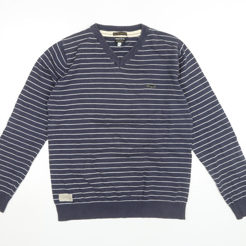 Jack & Jones Men's Blue Striped V-Neck Pullover, L