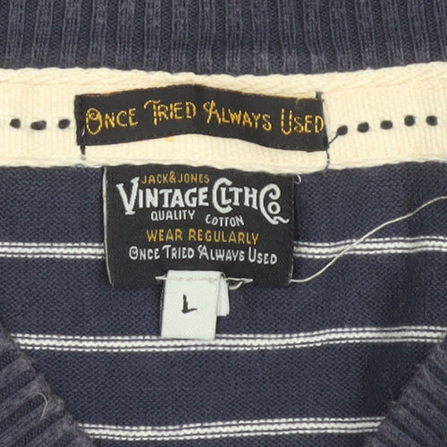 Jack & Jones Men's Blue Striped V-Neck Pullover, L