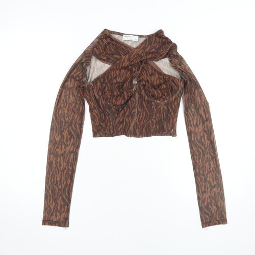 Bershka Women's Brown Cropped Mesh Animal Print Top - Size 8