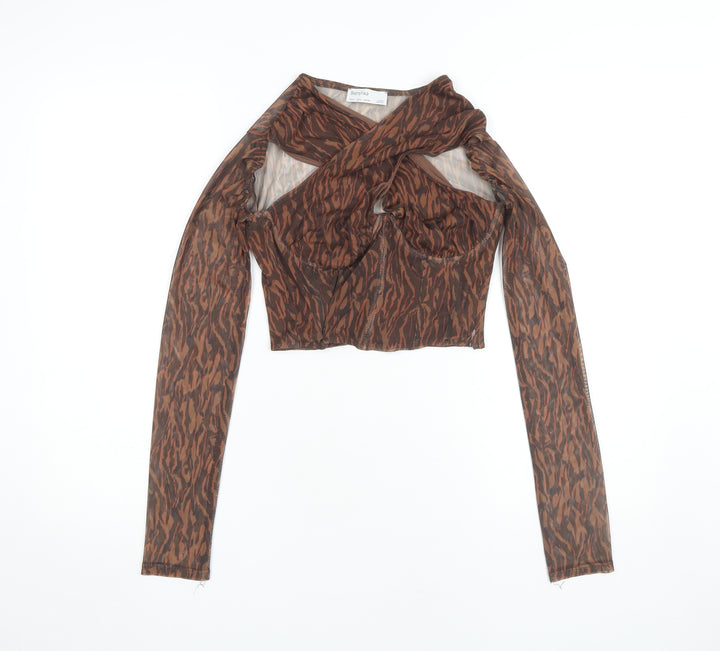 Bershka Women's Brown Cropped Mesh Animal Print Top - Size 8