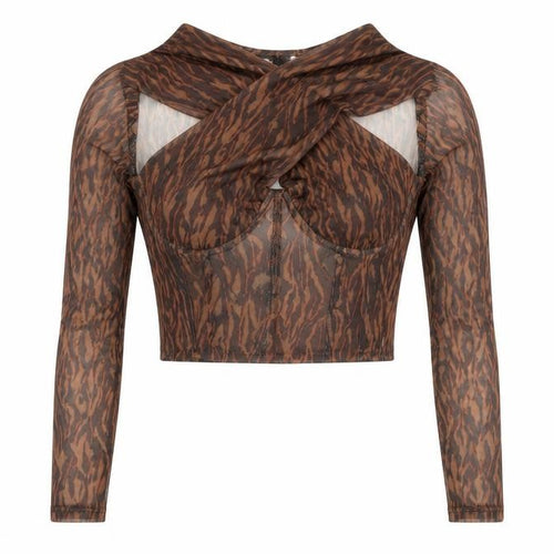 Bershka Women's Brown Cropped Mesh Animal Print Top - Size 8