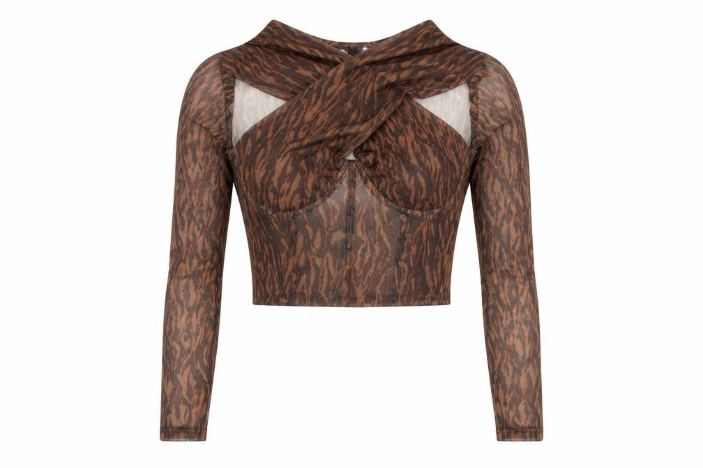 Bershka Women's Brown Cropped Mesh Animal Print Top - Size 8