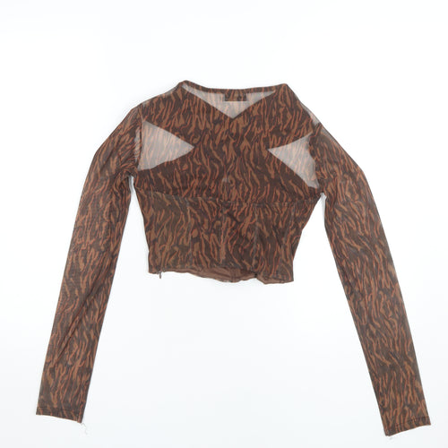 Bershka Women's Brown Cropped Mesh Animal Print Top - Size 8
