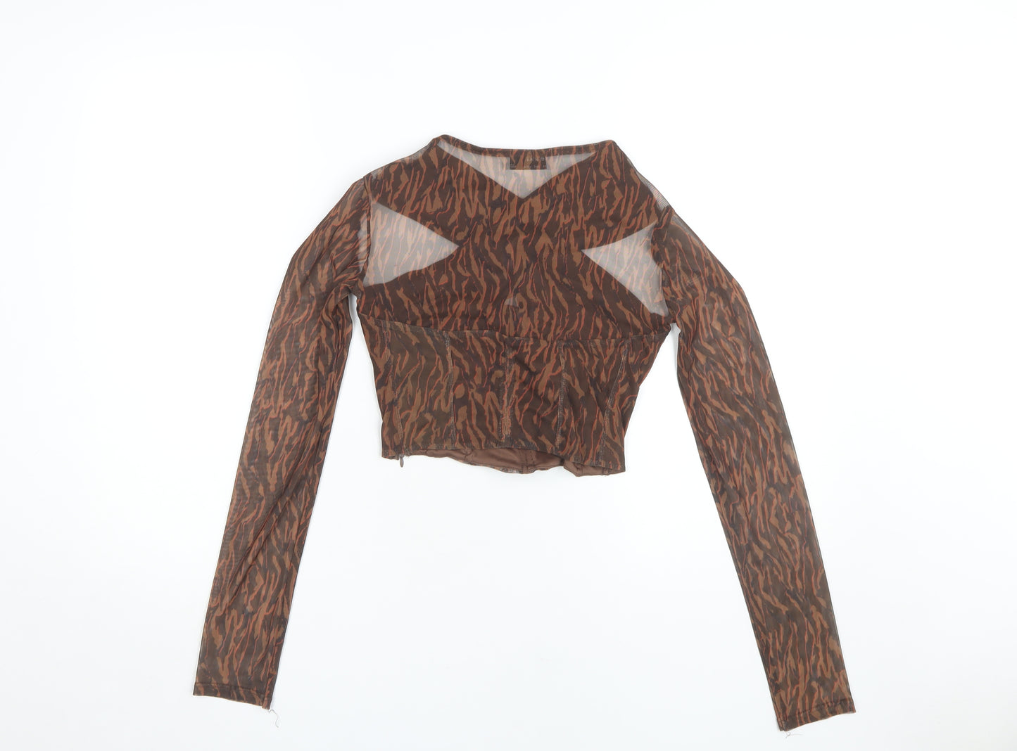 Bershka Women's Brown Cropped Mesh Animal Print Top - Size 8