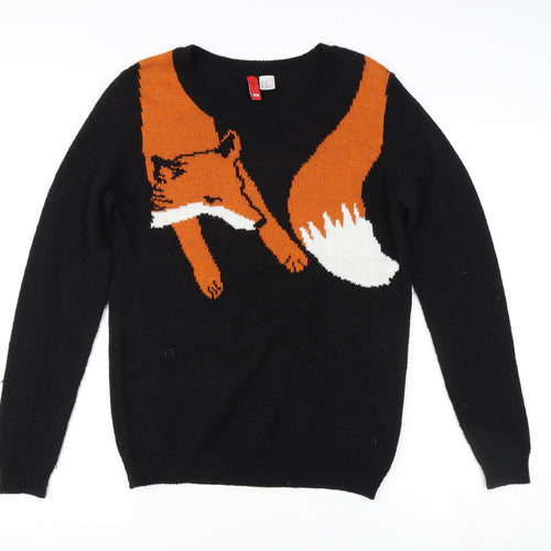Women's Black Fox Animal Print Pullover Jumper XS
