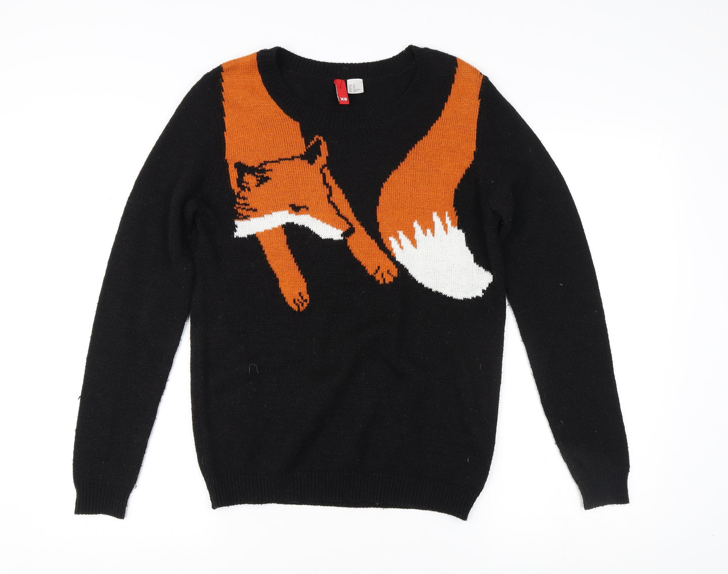 Women's Black Fox Animal Print Pullover Jumper XS