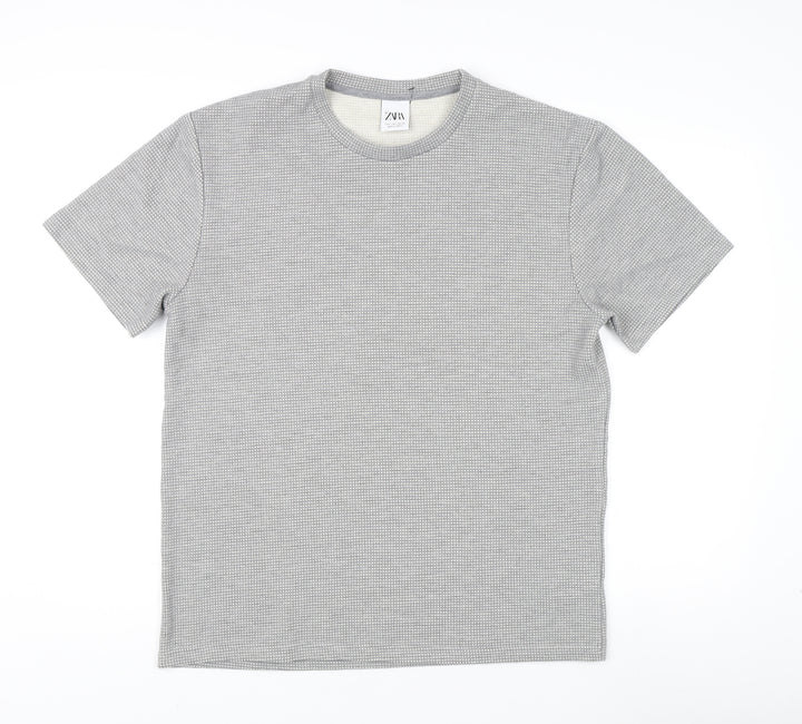 Zara Men's Grey Check T-Shirt Size L Crew Neck