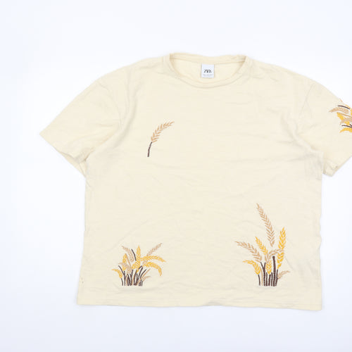 Zara Women's Beige Embroidered T-Shirt, Size 12