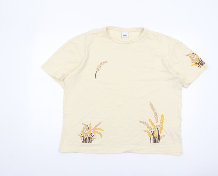 Zara Women's Beige Embroidered T-Shirt, Size 12