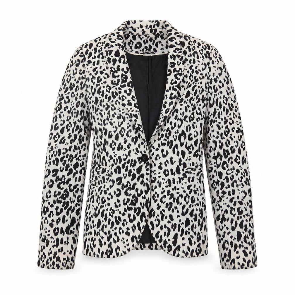 Front view of H&M Women's Black Animal Print Blazer, size 6