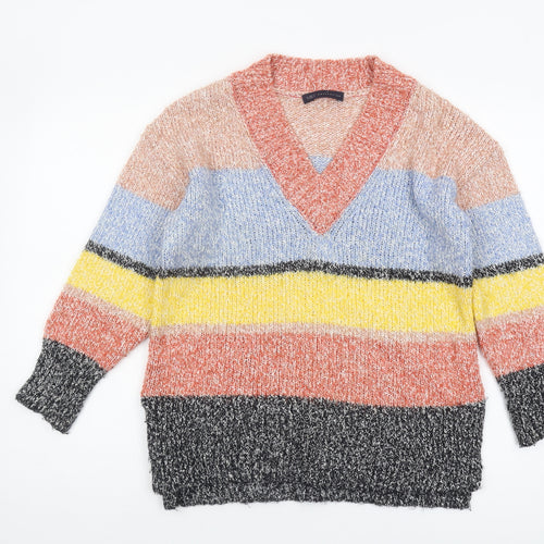 Marks and Spencer Women's Multicoloured V-Neck Striped Pullover - S
