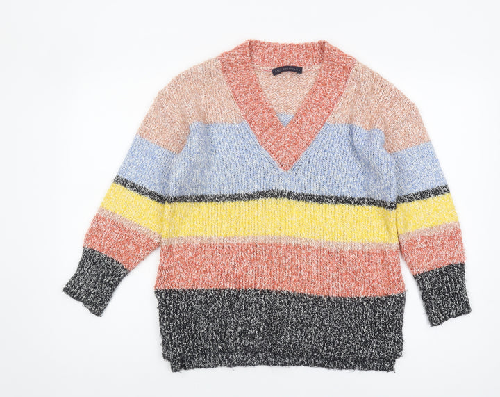 Marks and Spencer Women's Multicoloured V-Neck Striped Pullover - S