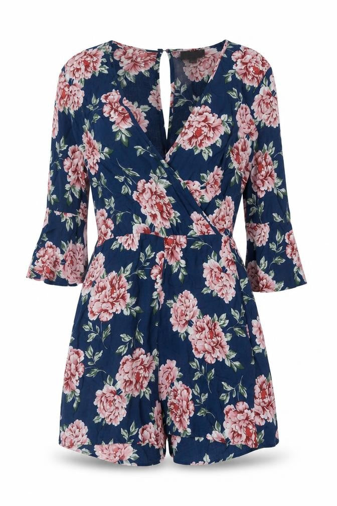 Front view of TOPSHOP Women's Blue Floral Petite Playsuit -, size 6