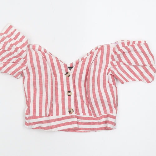 Topshop Women's Red Striped Cropped Puff Sleeve Top