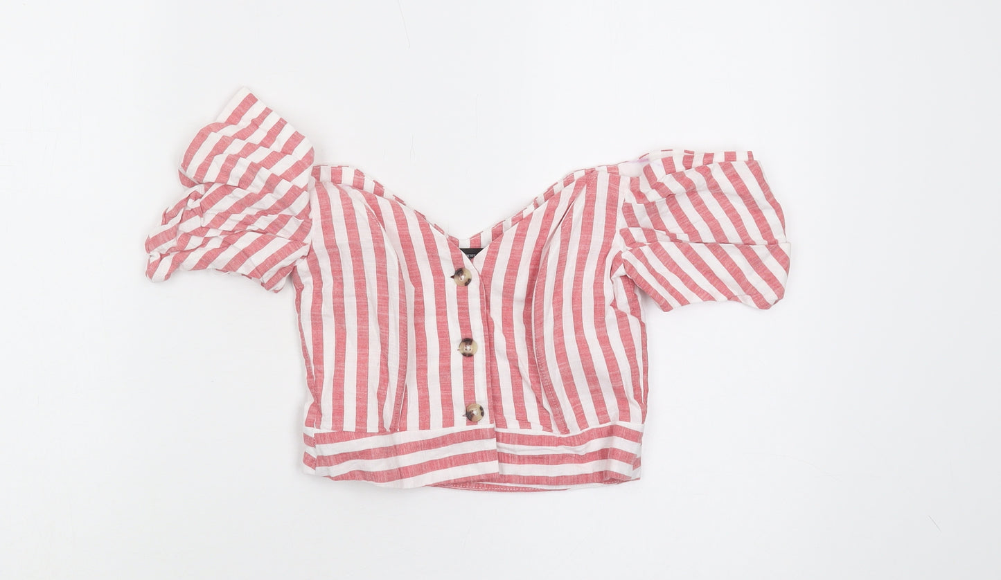 Topshop Women's Red Striped Cropped Puff Sleeve Top