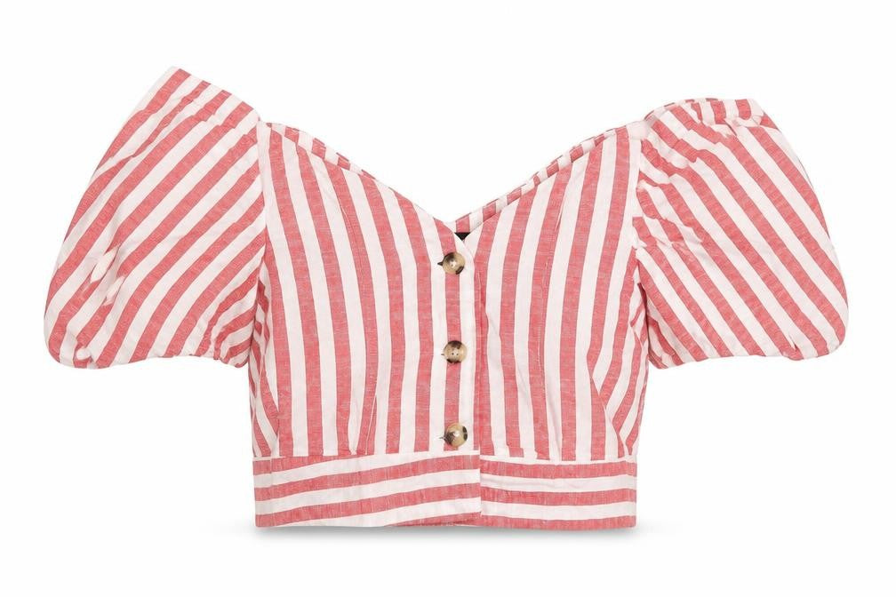 Front view of Topshop Women's Red Striped Cropped Puff Sleeve Top
