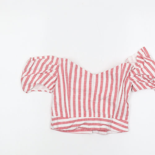 Topshop Women's Red Striped Cropped Puff Sleeve Top