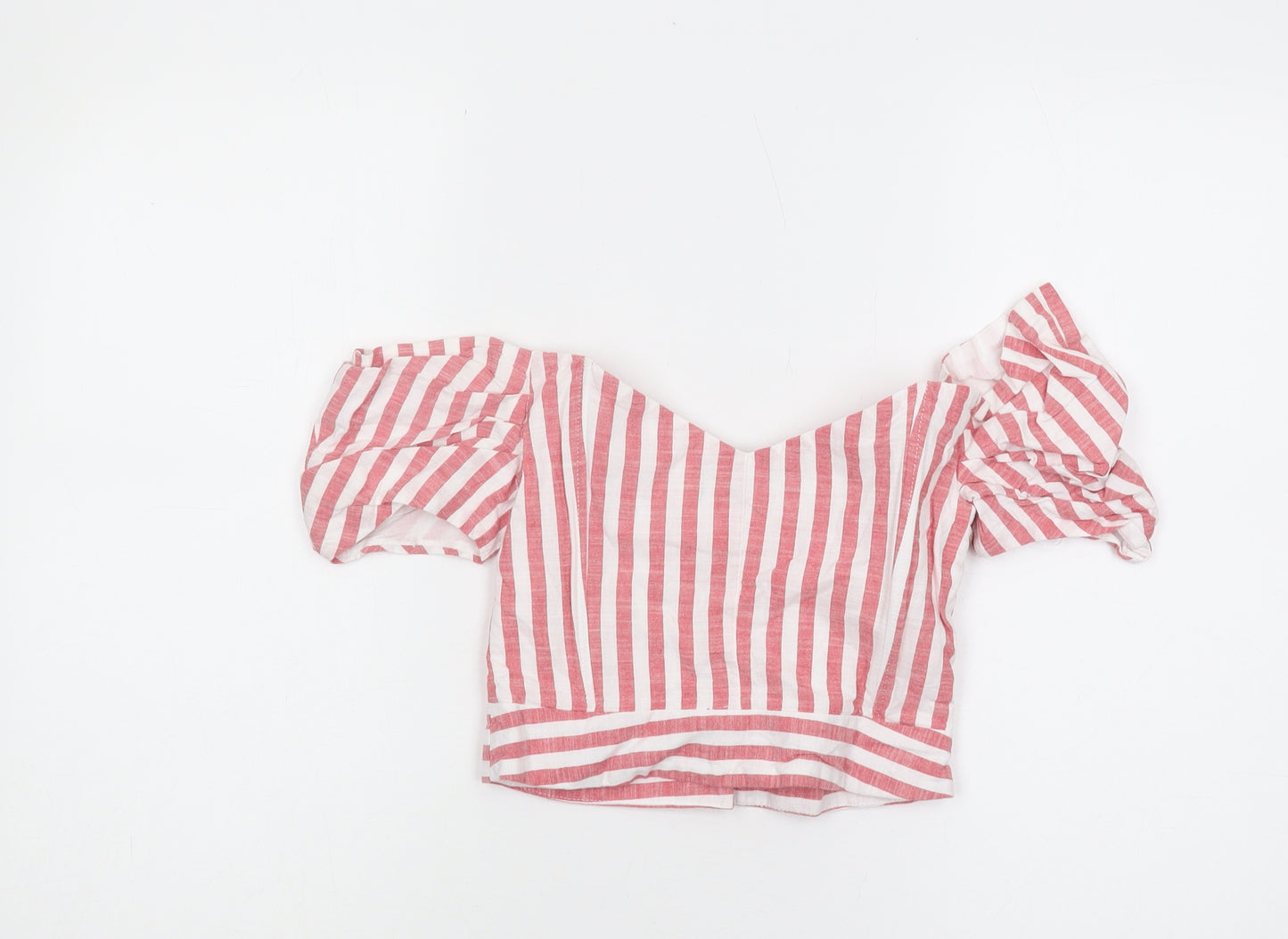 Topshop Women's Red Striped Cropped Puff Sleeve Top