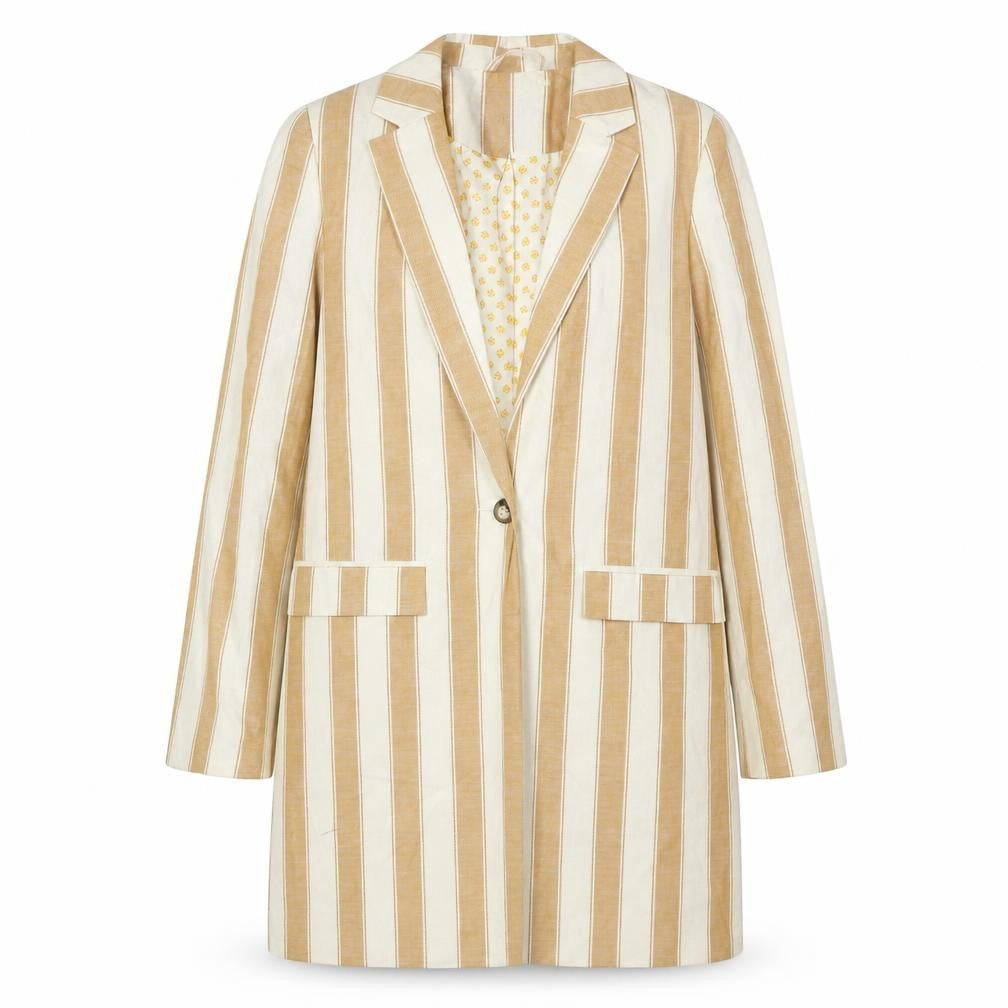 Front view of Next Women Beige Striped Long Blazer, size 6