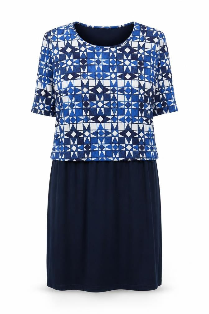 Front view of Next Women's Blue Geometric Shift Dress, size 14
