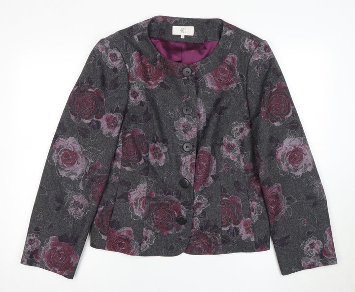 CC Women's Grey Floral Wool Suit Jacket Size 18