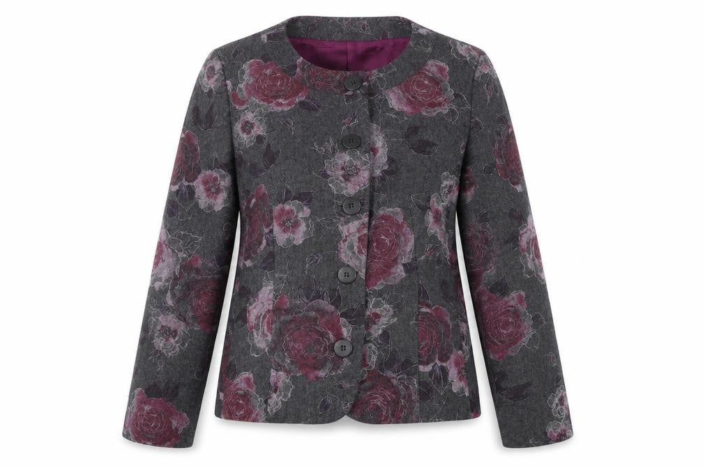 Front view of Country Casuals Women's Grey Floral Wool Suit Jacket, size 18