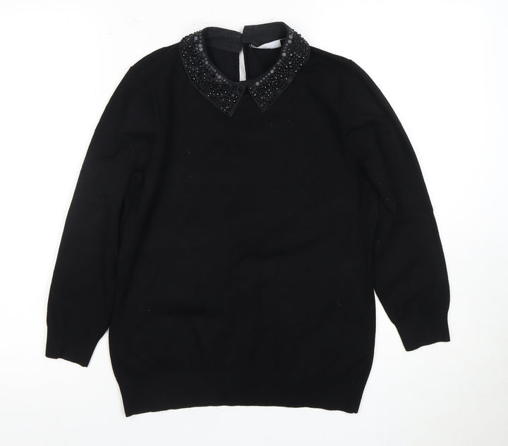 Karen Millen Women's Black Beaded Collar Top M