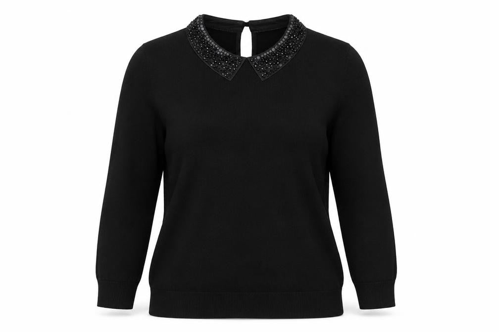 Front view of Karen Millen Women's Black Beaded Collar Top M