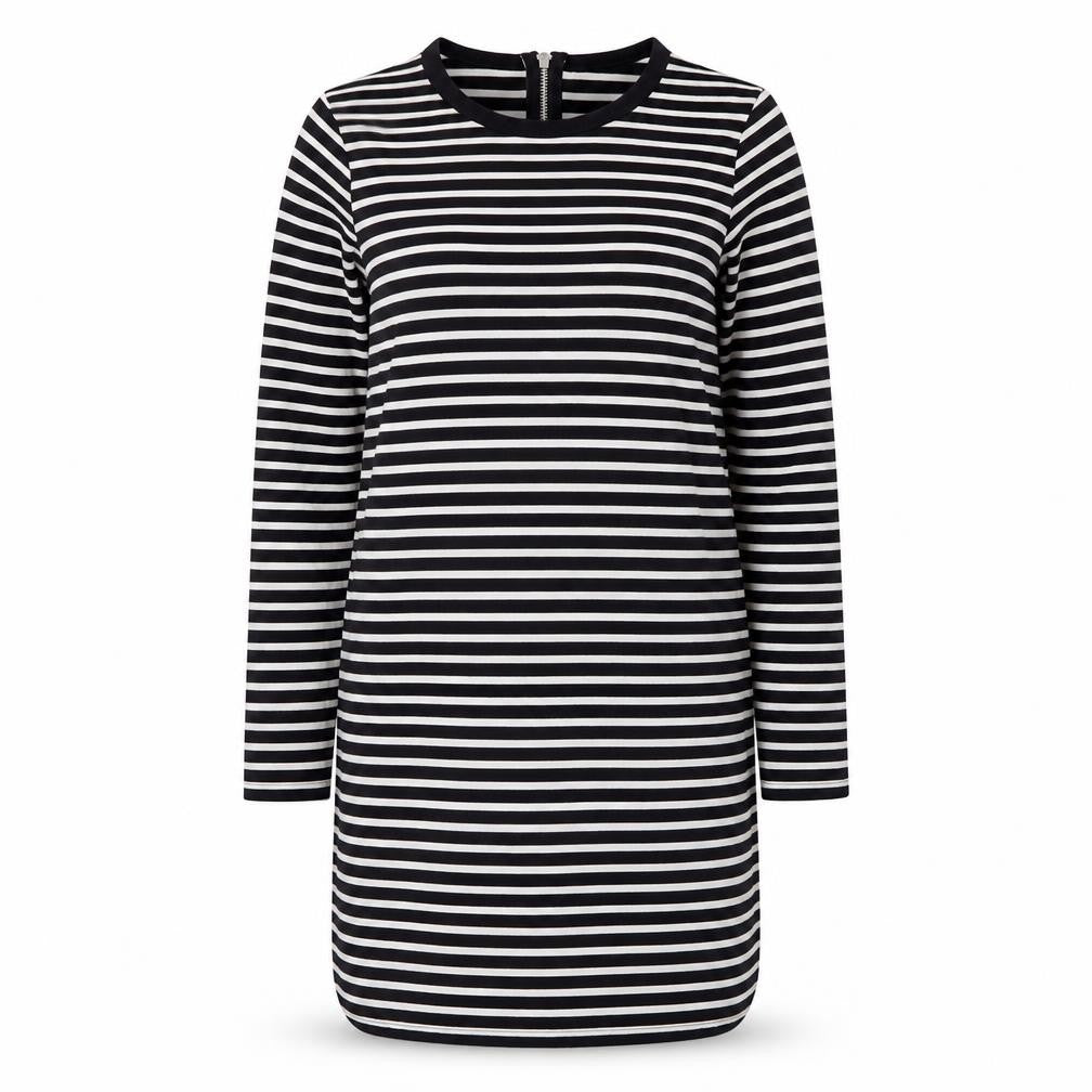 Front view of Seed Heritage Women's Black Striped Dress S Cotton