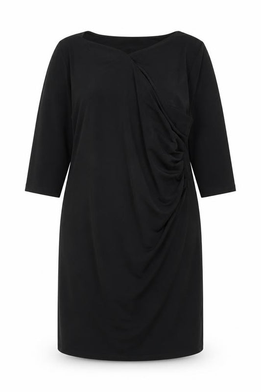 Front view of Damart Women's Black Shift Dress, size 16, with Ruched Detail
