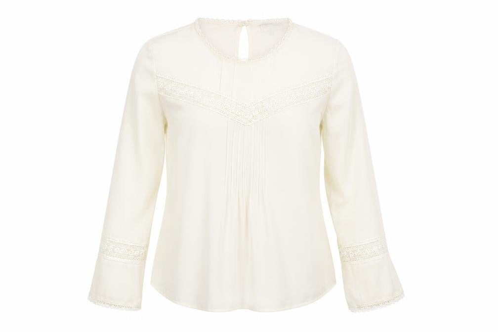 Front view of Warehouse Women's White Tunic Blouse, size 10, Lace Accents
