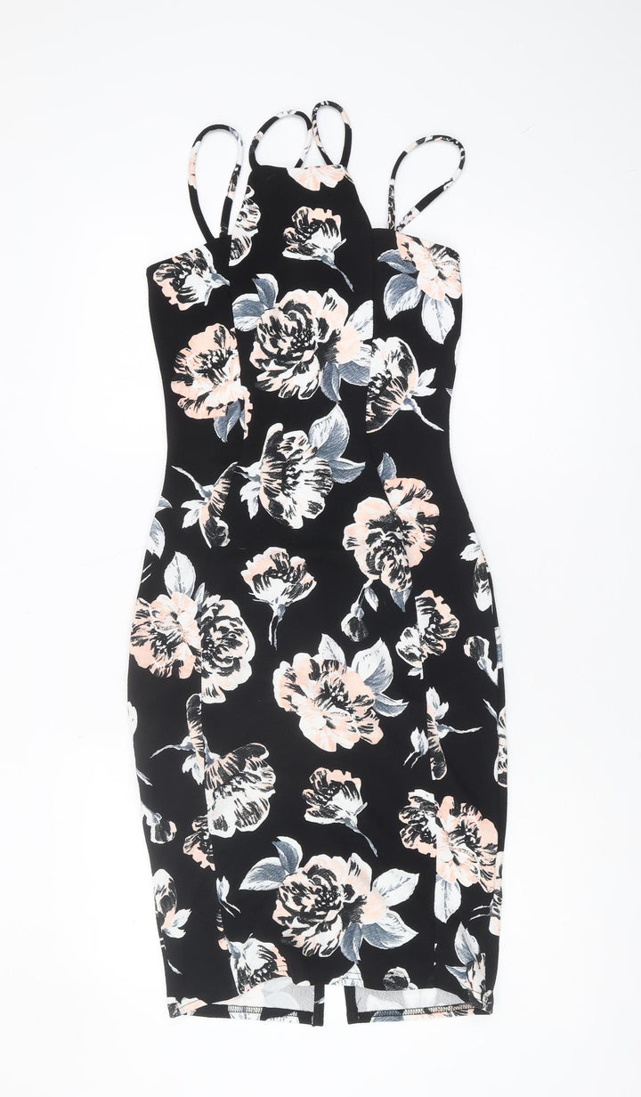 Quiz Women's Black Floral Bodycon Dress Size 8