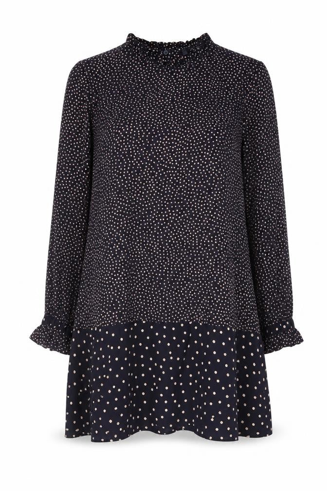 Front view of Zara Women's Black Polka Dot Tunic Blouse, size S