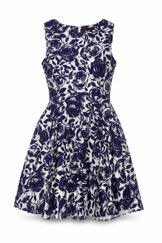 Front view of Mandi Women's Blue Floral Dress UK 10 Sleeveless